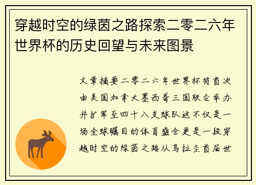 穿越时空的绿茵之路探索二零二六年世界杯的历史回望与未来图景 穿越时空的绿茵之路探索二零二六年世界杯的历史回望与未来图景