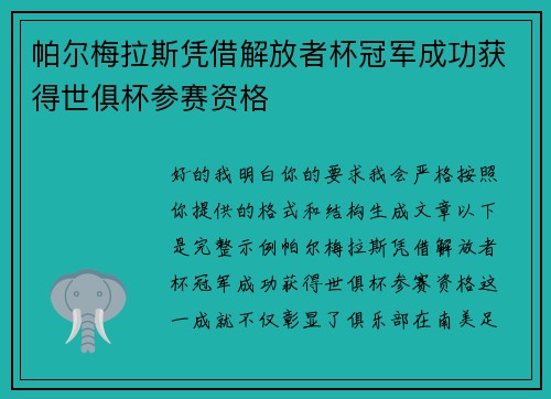 帕尔梅拉斯凭借解放者杯冠军成功获得世俱杯参赛资格