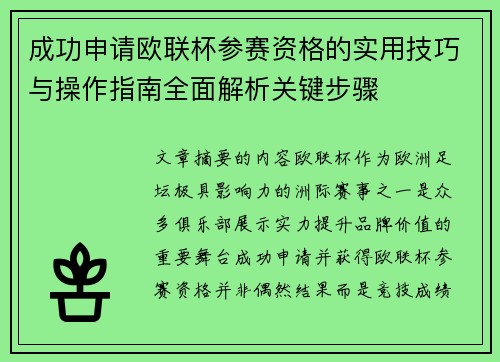 成功申请欧联杯参赛资格的实用技巧与操作指南全面解析关键步骤 成功申请欧联杯参赛资格的实用技巧与操作指南全面解析关键步骤