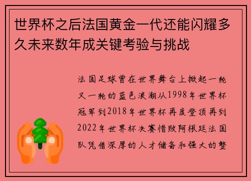 世界杯之后法国黄金一代还能闪耀多久未来数年成关键考验与挑战 世界杯之后法国黄金一代还能闪耀多久未来数年成关键考验与挑战